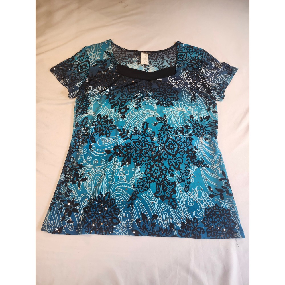 Brittany Black Blue Paisley Floral Sequin Top Womens Medium Short Sleeve Blouse